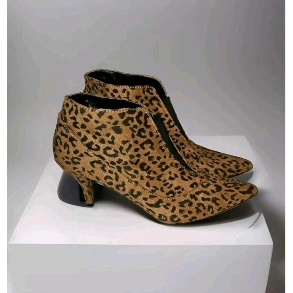 Colin Stuart Women's Size 6.5 Heeled Ankle Boots Vegan Suede Brown Leopard Print